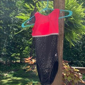 GK pink,silver,and black cheetah print leotard.